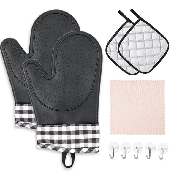 Anpro Silicone Oven Mitts and Pot Holders Sets, High Heat Resistant Oven Mitts Non-Slip Heat Resistant Oven Gloves for Kitchen Baking BBQ Cooking, Black