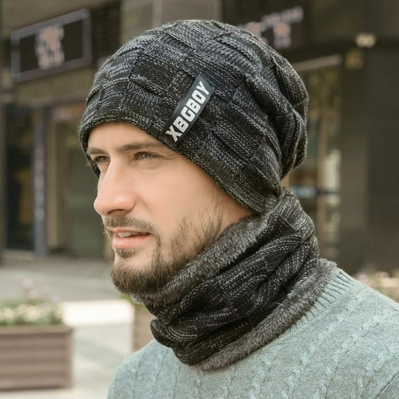 Anpro Winter Hats for Men, Warm Knit Hat Scarf Set 2 in 1 Neck Warmer - Black Gray