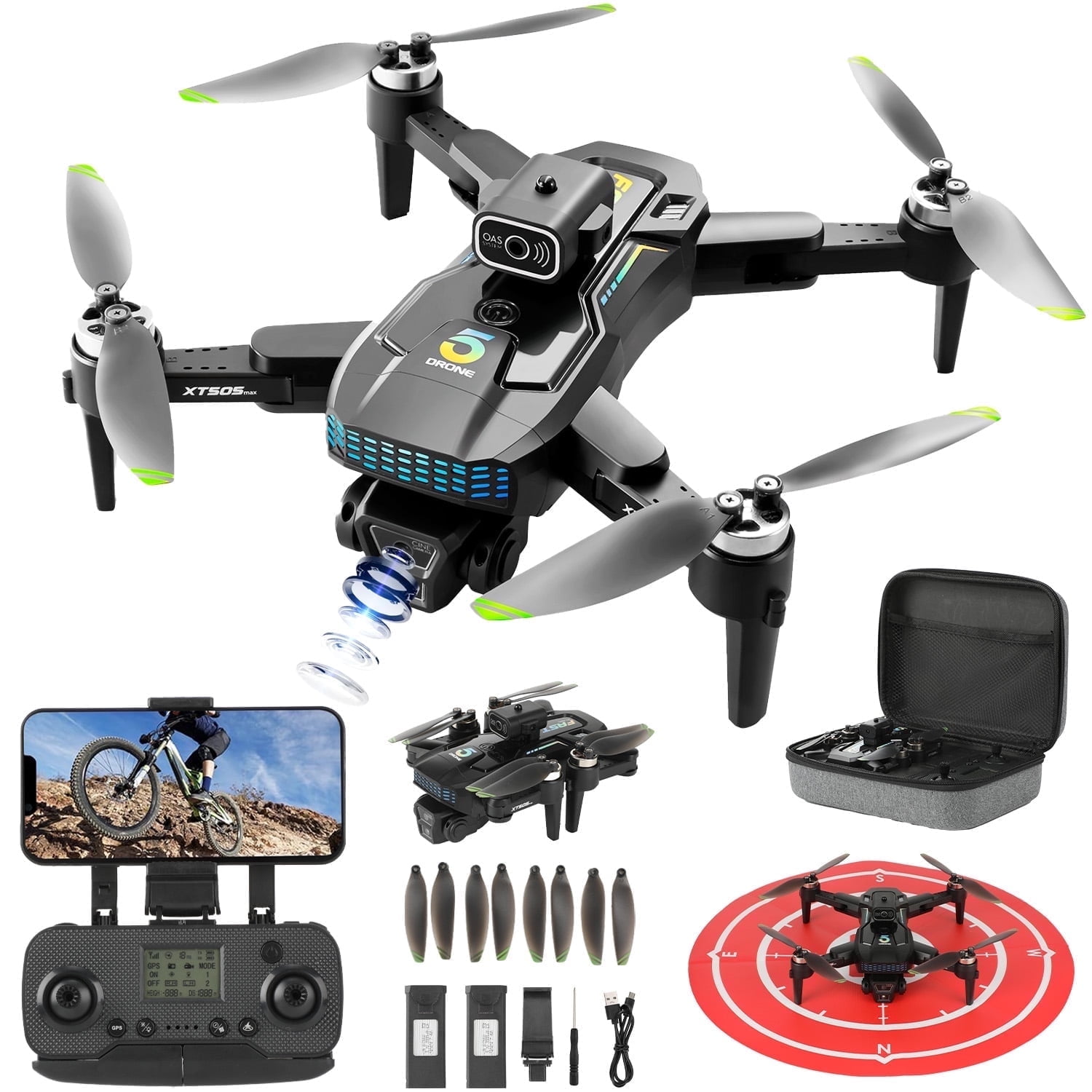 Anpro XT505 GPS Drone with 8K HD Camera for Adults & Beginners, Foldable FPV RC Quadcopter Drone with 360 Obstacle Avoidance, Brushless Motor, 5G Wifi Transmis, 2 Batteries, Carrying Case, Black