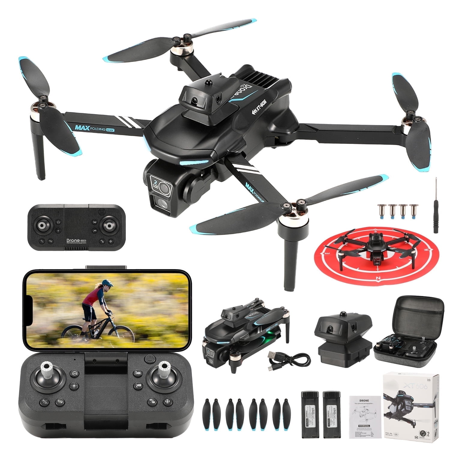 Gleamkid XT606 Drone with 6K Camera, WIFI FPV RC Quadcopter, Foldable Drone for Kids & Adults with Optical Flow Positioning, Altitude Hold, LED Lights, Gesture Photography, 2 Batteries, Black