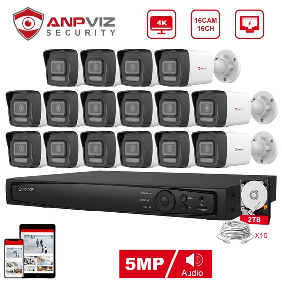 Anpviz 16CH 4K 5MP PoE Home Security Camera System, H.265+ NVR AI CCTV System and 16PCS IP Bullet Camera With 2TB HDD, Human Vehicle Detection, Night Vision