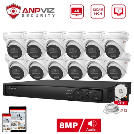 Anpviz 16CH 4K 8MP PoE Home Security Camera System, H.265+ NVR AI CCTV System and 12PCS IP Turret Camera With 2TB HDD, Human Vehicle Detection, Night Vision