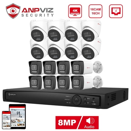 Anpviz 16CH 4K 8MP PoE Home Security Camera System, H.265+ NVR AI CCTV System and 8PCS 8MP Weatherproof Surveillance Bullet Turret Camera Outdoor, Remote Access, Motion Detection (No Hard Drive)