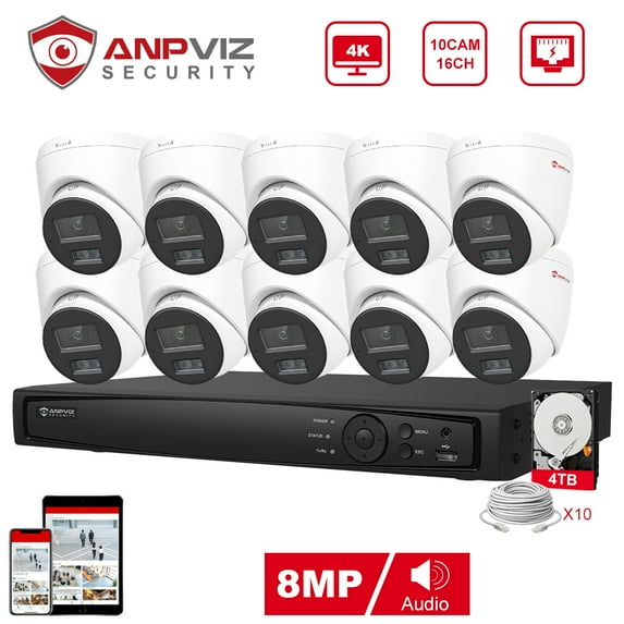 Anpviz 16CH PoE Turret Security Camera System with AI Human/Vehicle Detection,10pcs 8MP PoE Cameras with Mic, Smart Dual Light Color Night Vision, 4K 16CH NVR with 4TB HDD for 24/7 Recording