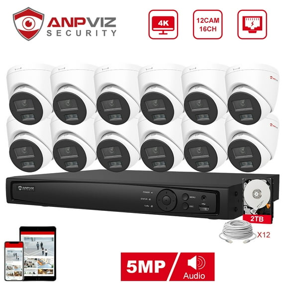 Anpviz 16CH PoE Turret Security Camera System with AI Human/Vehicle Detection,12pcs 5MP PoE Cameras with Mic, Smart Dual Light Color Night Vision, 4K 16CH NVR with 2TB HDD for 24/7 Recording