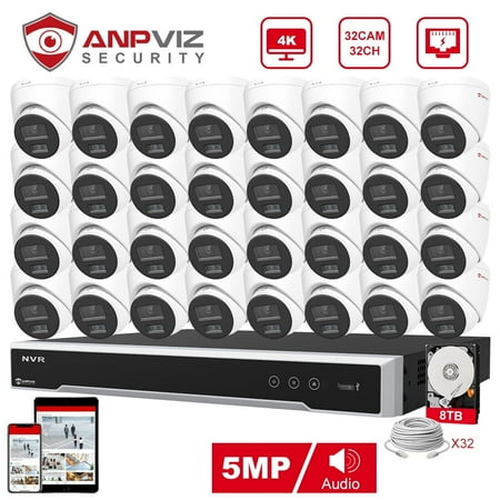 Anpviz 32CH 4K 5MP PoE Home Security Camera System, H.265+ NVR AI CCTV System and 32PCS 5MP Weatherproof Surveillance Turret Camera Outdoor, Remote Access, Motion Detection (With 8TB HDD)