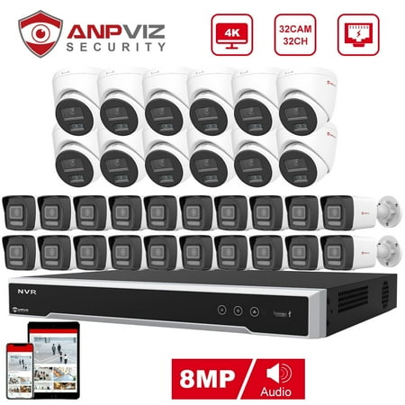 Anpviz 32CH 4K 8MP PoE Home Security Camera System, H.265+ NVR AI CCTV System with 20PCS 8MP Bullet Camer and 12PCS 8MP Turret Camera, Remote Access, Motion Detection
