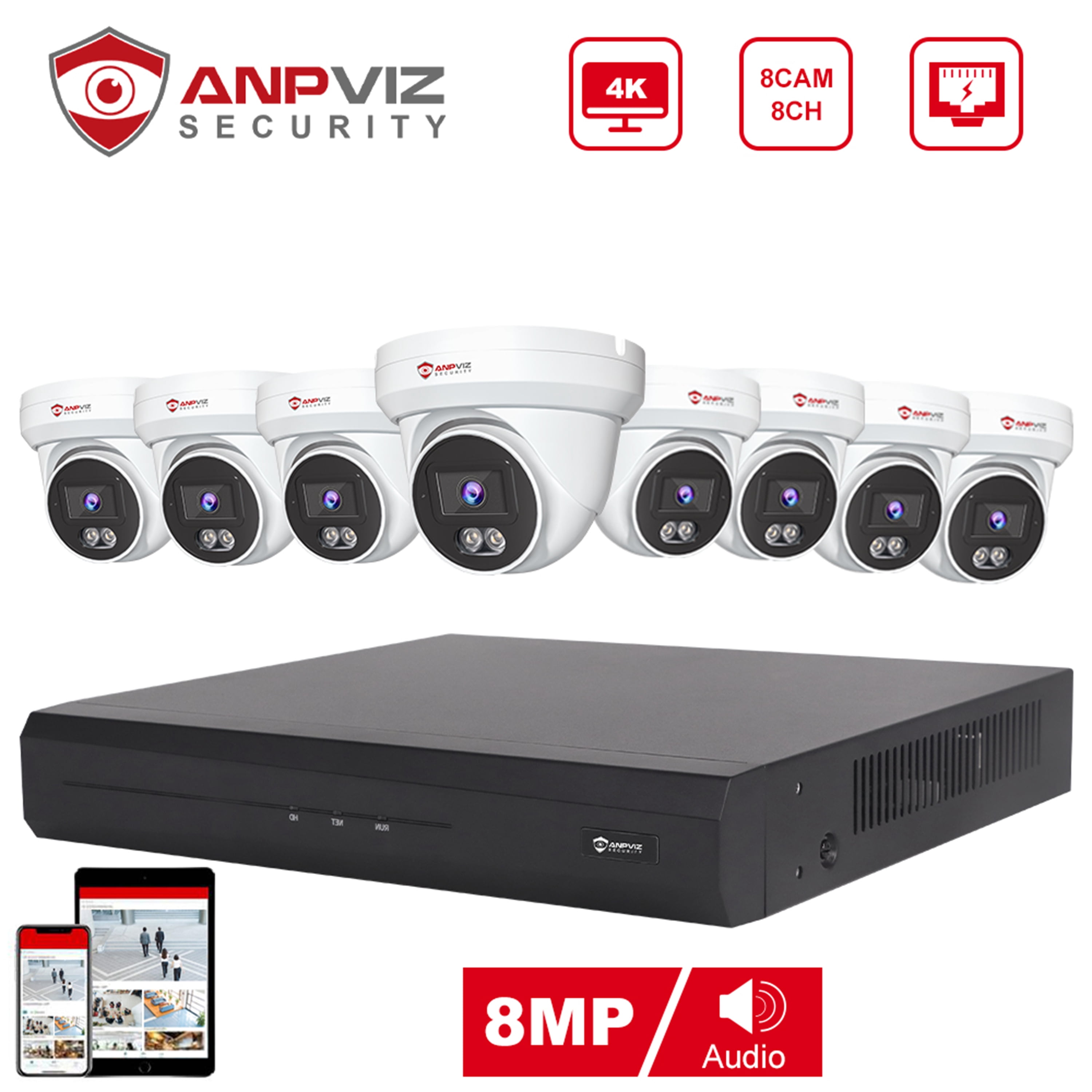 Anpviz 4K 8CH PoE Security Camera System, 8pcs Wired 8MP PoE IP Cameras ...