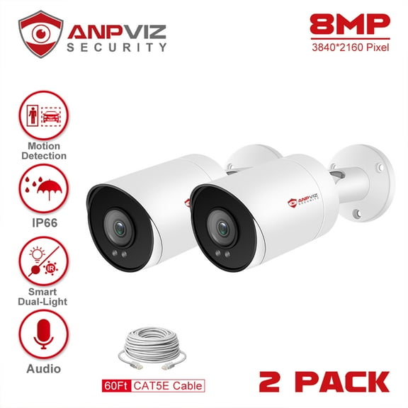 Anpviz 4K POE Camera Outdoor, 8MP Bullet POE IP Camera with Human/Vehicle Detection and Smart Dual Light Color Night Vision, White (2 Pack)