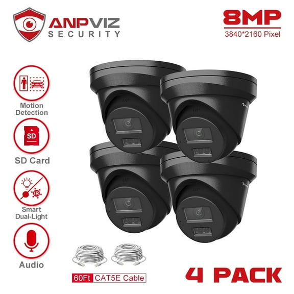 Anpviz 4K PoE IP Camera Outdoor, 8MP Turret Security Camera , AI Human/Vehicle Detection, 2.8mm Lens, Smart Color Night Vision, Built-in Mic, IP67 Waterproof (4PC)