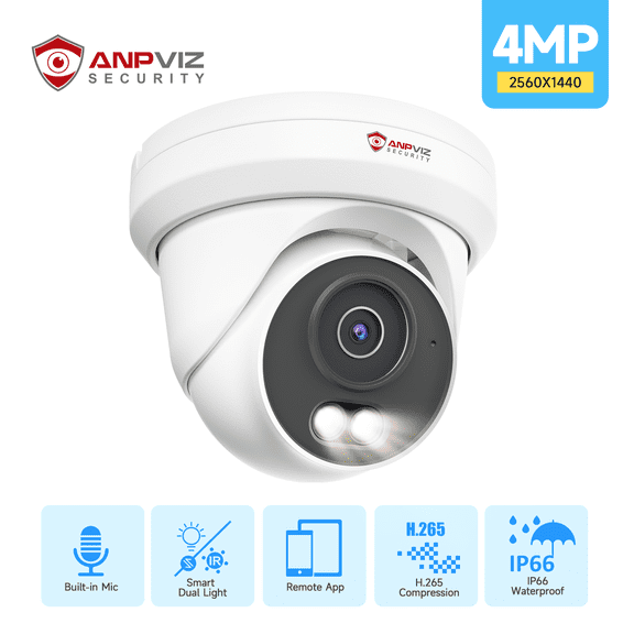 Anpviz 4MP Outdoor PoE IP Camera, Smart Dual Light Color Night Vision, AI Human Detection, Built-in Mic, IP66, 2.8mm Lens, NDAA Compliant, Full Metal Turret