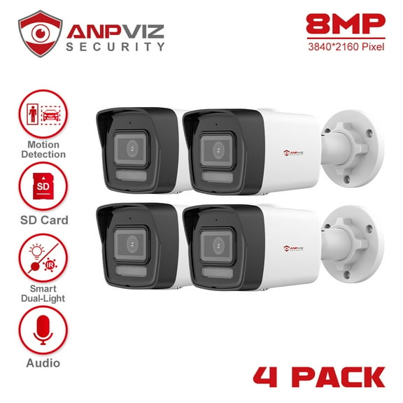 Anpviz 4pcs 8MP POE IP Bullet Camera Outdoor 24/7 ColorVU 30m CCTV Video Surveillance IP67 SD Card H.265 Audio Motion Detection 2.0