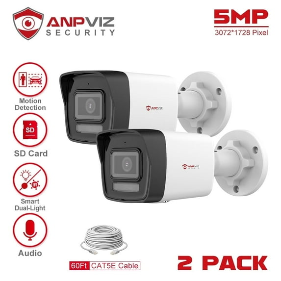 Anpviz 5MP Outdoor PoE Security IP Camera, Smart Human/Vehicle Detection, Smart Playback, Timelapse, Night Vision, Audio Record, Work with Smart Home(2PC)