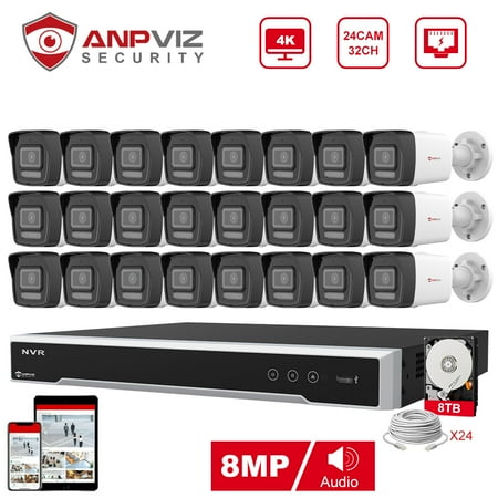 Anpviz 8CH 4K 8MP PoE Home Security Camera System, H.265+ NVR AI CCTV System and 24PCS 8MP IP Weatherproof Bullet Camera, Human Vehicle Detection, Night Vision (With 8TB HDD)