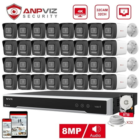 Anpviz 8CH 4K 8MP PoE Home Security Camera System, H.265+ NVR AI CCTV System and 32PCS 8MP IP Weatherproof Bullet Camera, Human Vehicle Detection, Night Vision (With 8TB HDD)