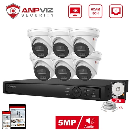 Anpviz 8CH 4K PoE Home Security Camera System, 5MP H.265+ NVR AI CCTV System and 6PCS 4K IP Turret Camera With 2TB HDD, Human Vehicle Detection, Night Vision