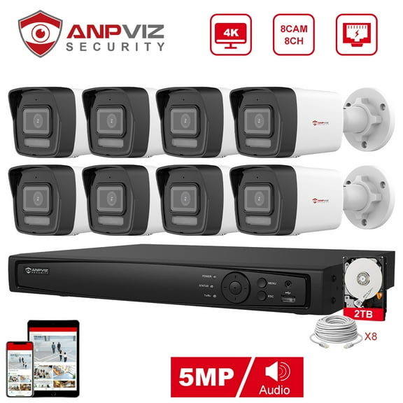 Anpviz 8CH 4K PoE Home Security Camera System, 5MP H.265+ NVR AI CCTV System and 8PCS 4K IP Bullet Camera With 2TB HDD, Human Vehicle Detection, Night Vision