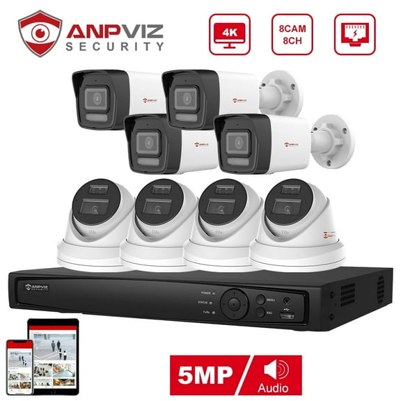 Anpviz 8 Channels 4K PoE Home Security Camera System, 4K H.265+ NVR AI CCTV System, with 4PCS 5MP IP Bullet Camera and 4PCS 5MP IP Turret Camera