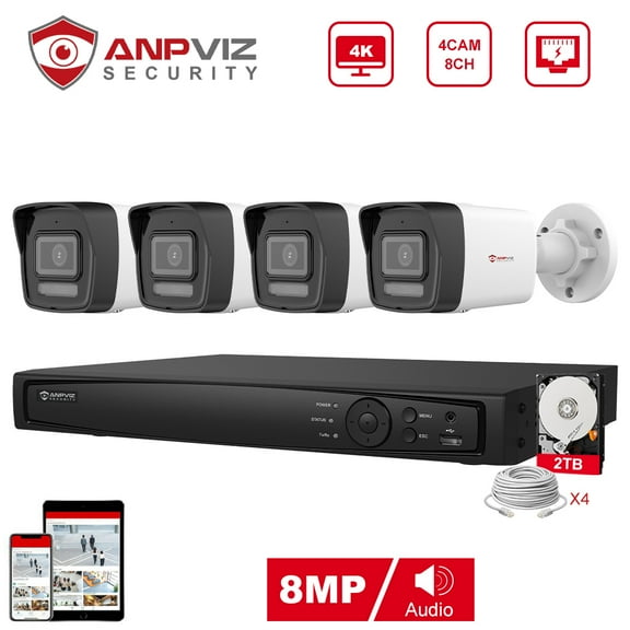 Anpviz 8CH 4K PoE Home Security Camera System, 8MP H.265+ NVR AI CCTV System and 4PCS 4K IP Bullet Camera With 2TB HDD, Human Vehicle Detection, Night Vision