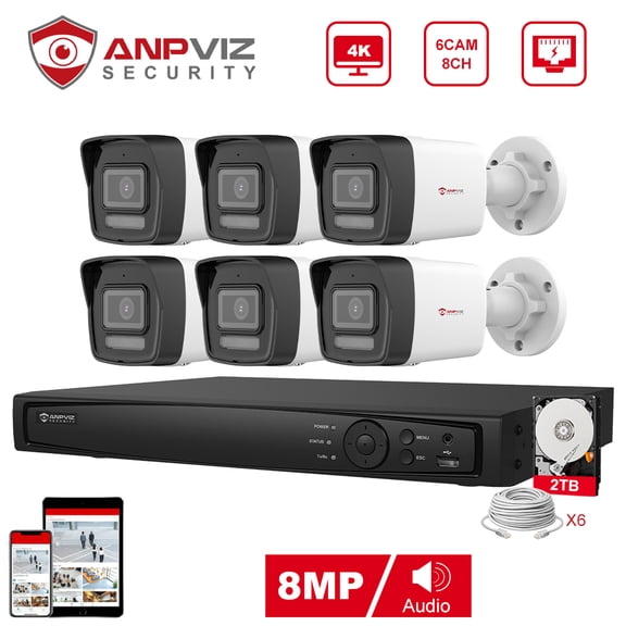 Anpviz 8CH 4K PoE Home Security Camera System, 8MP H.265+ NVR AI CCTV System and 6PCS 4K IP Bullet Camera With 2TB HDD, Human Vehicle Detection, Night Vision