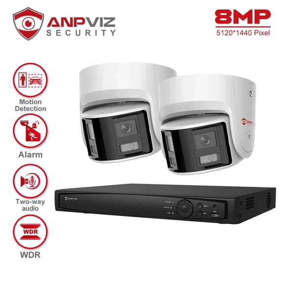 Anpviz 8CH PoE Turret Security Camera System with AI Human/Vehicle Detection,2pcs 8MP PoE Cameras with Mic, Smart Dual Light Color Night Vision, 4K 8CH NVR for 24/7 Recording