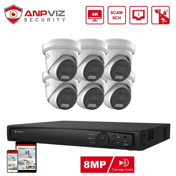 Anpviz 8CH PoE Turret Security Camera System with AI Human/Vehicle Detection,6pcs 8MP PoE Cameras with Mic, Smart Dual Light Color Night Vision, 4K 8CH NVR for 24/7 Recording