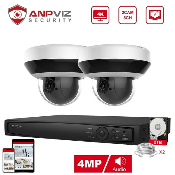 Anpviz 8CH Wireless PTZ Security Camera System, 2pcs 4MP WiFi Camera Outdoor, 4X Zoom Dome POE with 2TB HDD for 24/7 Recording