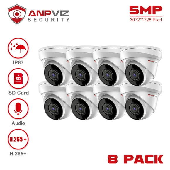 Anpviz 8pcs 8MP 4K POE IP Camera Outdoor Night Vision 30m CCTV Video Surveillance IP67 Max 256GB SD Card H.265+ Built-in Mic Audio