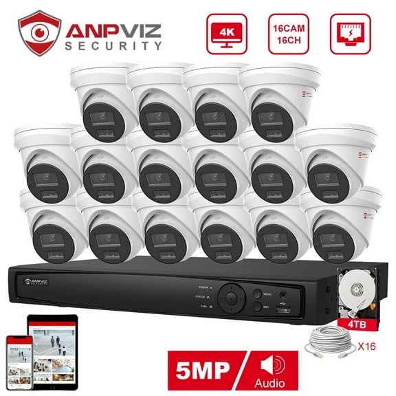 Anpviz Wired Security Camera System, 16CH 4K NVR System, 16PCS 5MP IP Turret Surveillance Cameras with 4TB HDD, Outdoor/Indoor Weatherproof with Night Vision