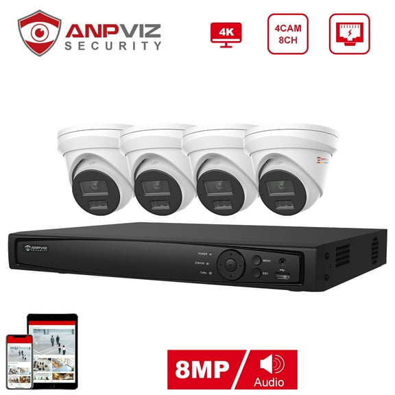 Anpviz Wired Security Camera System, 8CH 4K NVR System, 4PCS 8MP IP Turret Surveillance Cameras with Full Color Night Vision, IP66 Waterproof, for Indoor Outdoor