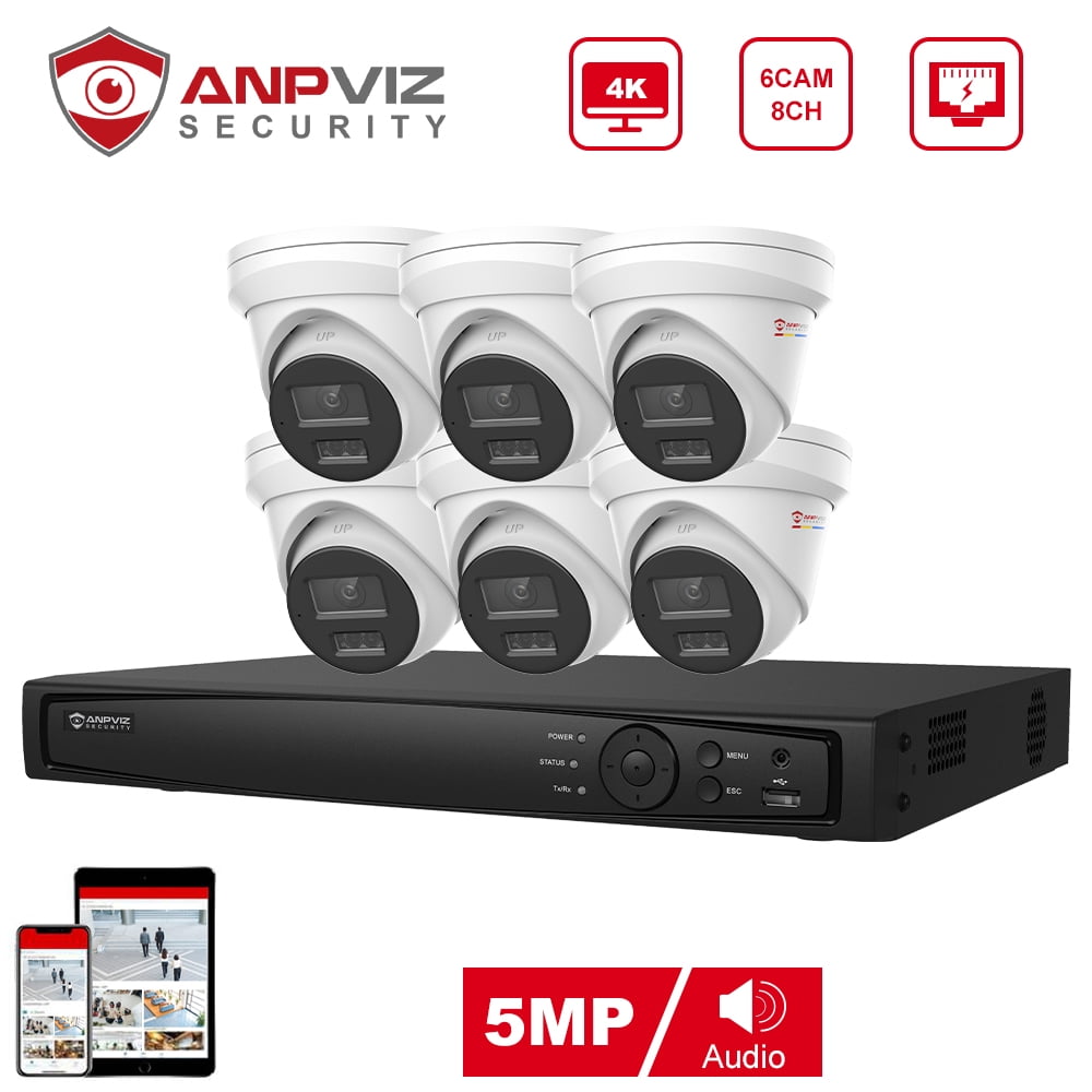 Anpviz Wired Security Camera System, 8CH 4K NVR System, 6PCS 5MP IP Turret Surveillance Cameras with Full Color Night Vision, IP66 Waterproof, for Indoor Outdoor