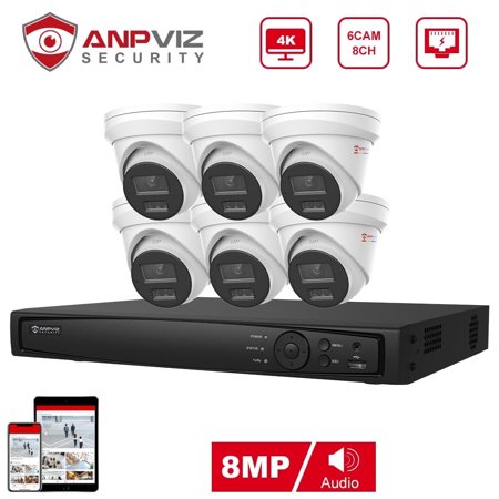 Anpviz Wired Security Camera System, 8CH 4K NVR System, 6PCS 8MP IP Turret Surveillance Cameras with Full Color Night Vision, IP66 Waterproof, for Indoor Outdoor