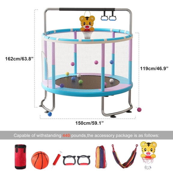 Anqbci 5Ft Kids Trampoline With Basketball Hoop & Swing - 440lbs Indoor/Outdoor Safe Jumping With Enclosure Net, Kids Trampoline With Safety Net For Ages 1+ (Blue) N3