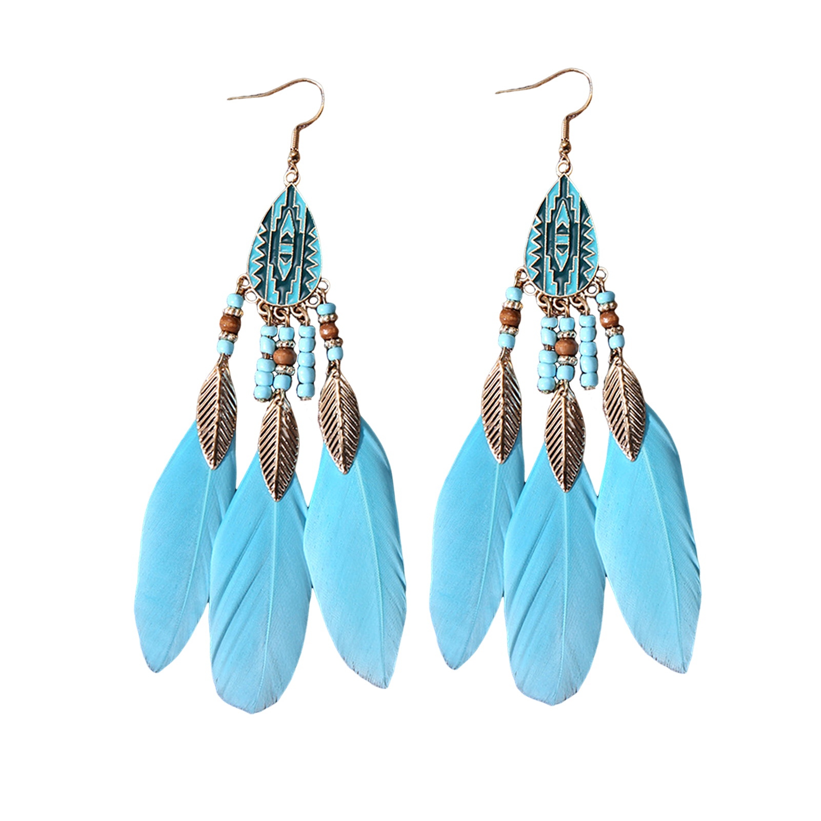 Anqbci Women Hook Earrings Beaded Feather Decor 1 Pair Retro Bohemian