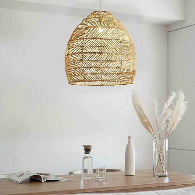 Anqidi 14" Bamboo Pendant Light Rattan Hollow Hanging Lamp Vintage Hand