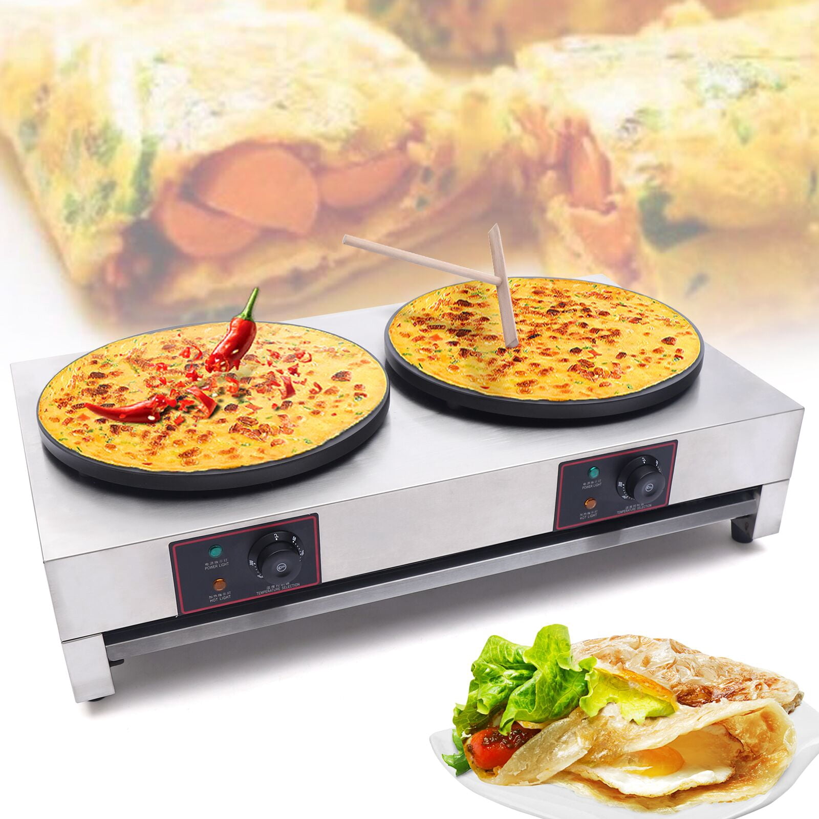 Commercial Crepe Maker Dual-Head 3400W - Non-Stick Pancake Griddle Adjustable Temp