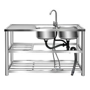 Anqidi 2 Compartment Commercial Restaurant Sink Rectangular Stainless Steel Kitchen Sink with Hot and Cold Faucet & Drain Pipe