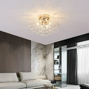 Anqidi 23.62" Firework Shape Ceiling Light Gold Modern 6 Heads LED Flush Mount Dandelion Crystal Chandelier