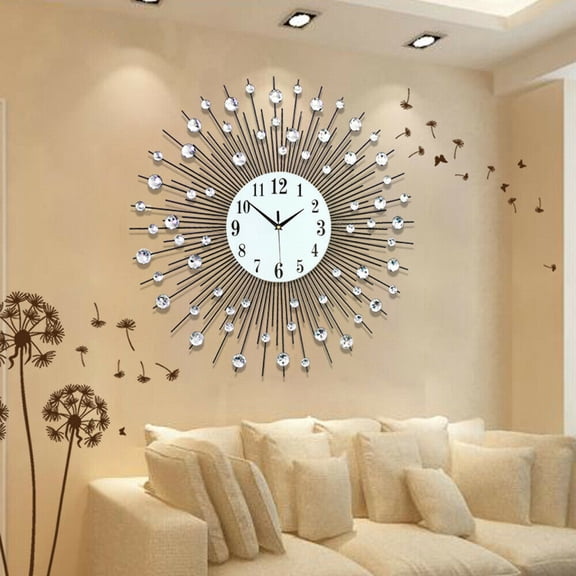 Anqidi 24" Modern Luxury Large Wall Clock, Round Diamond Non-Ticking Silent Decorative Clock for Living Room Office