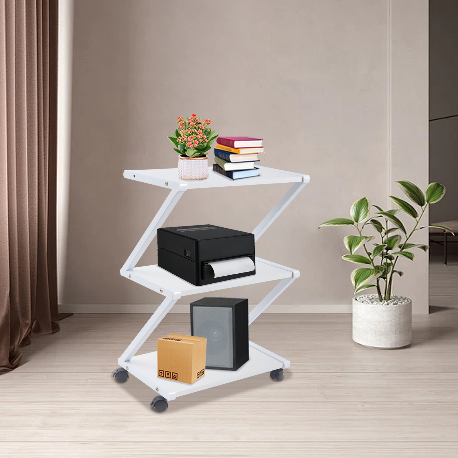 Anqidi Mobile Printer Stand White 3 Tier Wooden Shelf Metal Frame