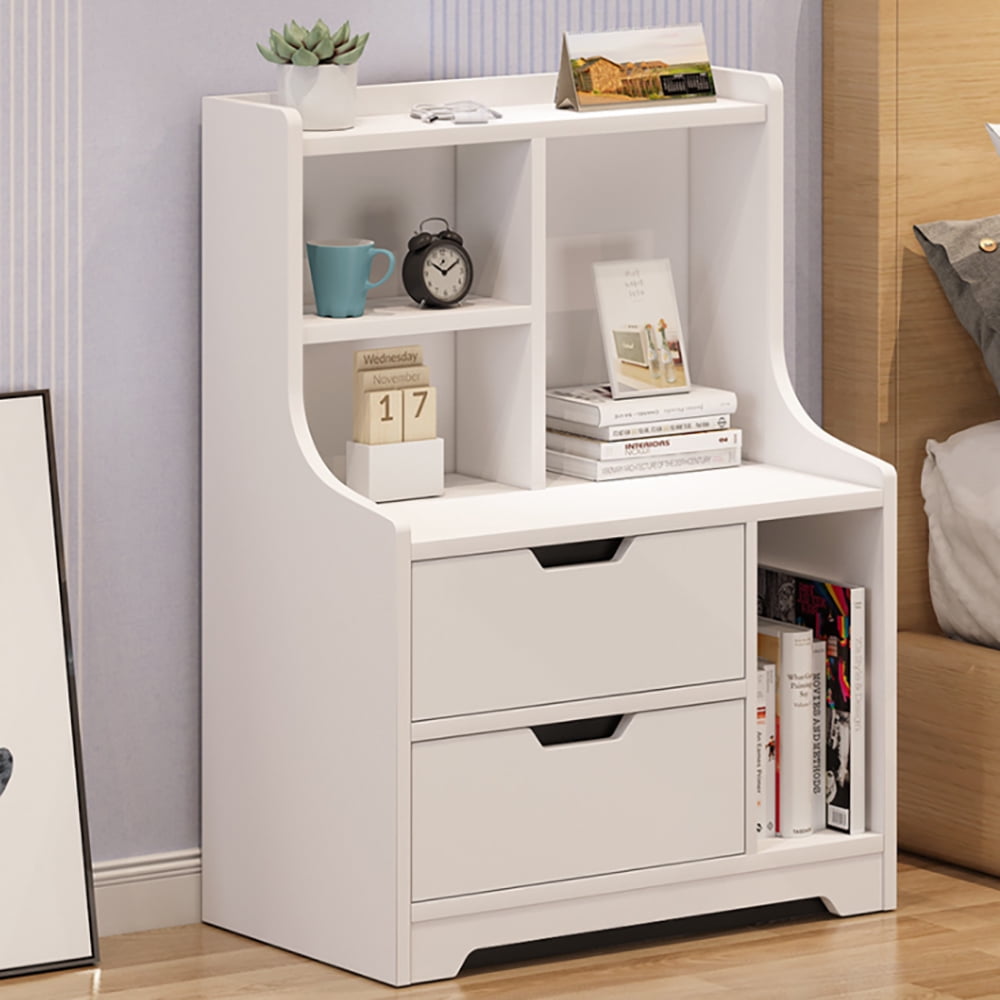 Anqidi Modern White Nightstand 2 Drawers Side Table Cabinet Wood End Table with Storage Shelf Bedroom Bedside Furniture