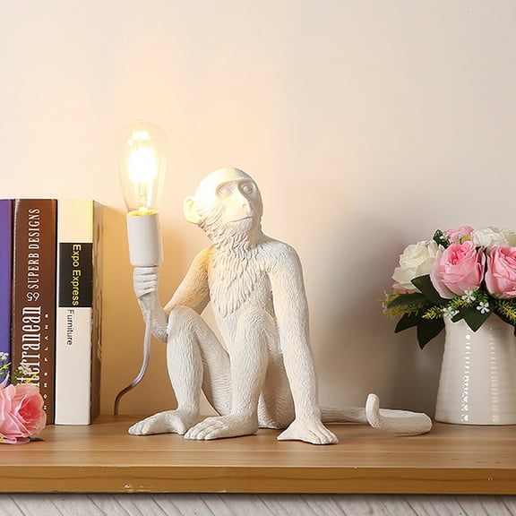 Anqidi Sitting Monkey Table Light White Modern Creative Resin Table Lamp for Bedroom, Living Room (White)