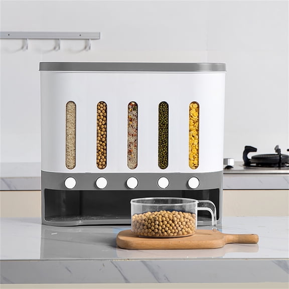 Anqidi Wall Mounted Dry Food Container Dispenser, 5 Grid 10L Cereal Rice Grain Storage Box w/Cup Free Control of Food Output Bin