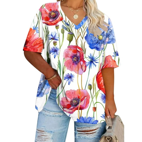 Anqov T Shirts for Women, Plus Size Fashion Print Short Sleeve V Neck Loose Fitting Shirt, Daily Oversized Vintage Comfortable Casual Lightweight Summer Tops