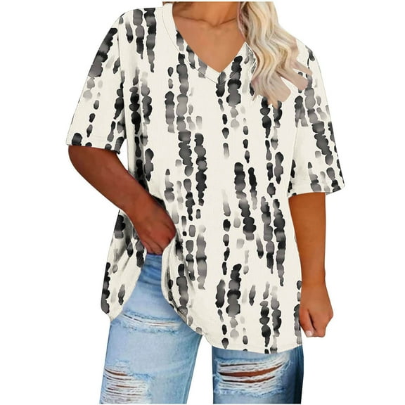 Anqov T Shirts for Women, Plus Size Fashion Print Short Sleeve V Neck Loose Fitting Shirt, Daily Oversized Vintage Comfortable Casual Lightweight Summer Tops