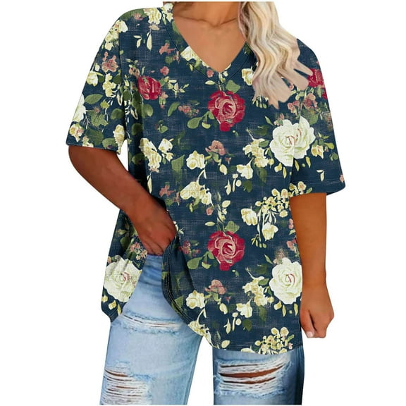 Anqov T Shirts for Women, Plus Size Fashion Print Short Sleeve V Neck Loose Fitting Shirt, Daily Oversized Vintage Comfortable Casual Lightweight Summer Tops