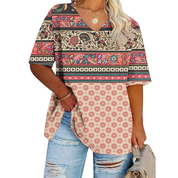 Anqov T Shirts for Women, Plus Size Fashion Print Short Sleeve V Neck Loose Fitting Shirt, Daily Oversized Vintage Comfortable Casual Lightweight Summer Tops