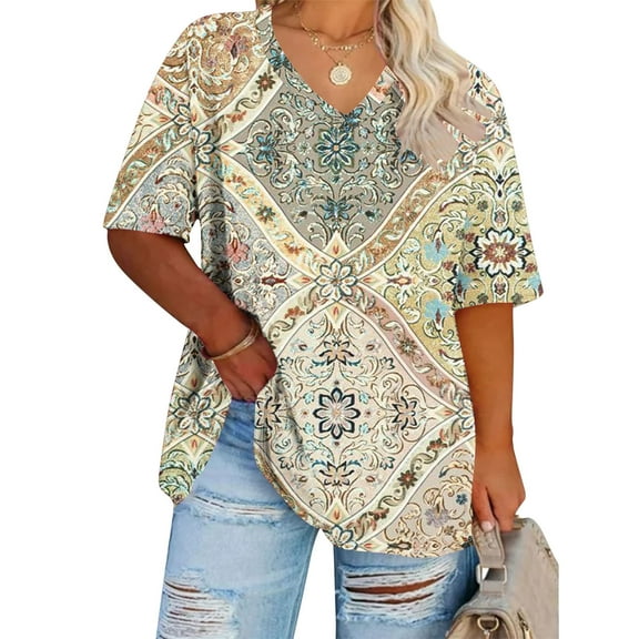 Anqov T Shirts for Women, Plus Size Fashion Print Short Sleeve V Neck Loose Fitting Shirt, Daily Oversized Vintage Comfortable Casual Lightweight Summer Tops