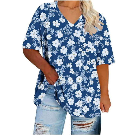 Anqov T Shirts for Women, Plus Size Fashion Print Short Sleeve V Neck Loose Fitting Shirt, Daily Oversized Vintage Comfortable Casual Lightweight Summer Tops