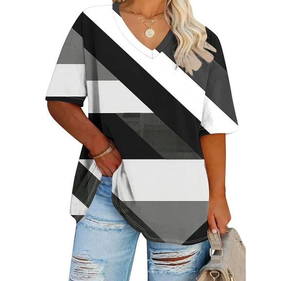 Anqov T Shirts for Women, Plus Size Fashion Print Short Sleeve V Neck Loose Fitting Shirt, Daily Oversized Vintage Comfortable Casual Lightweight Summer Tops